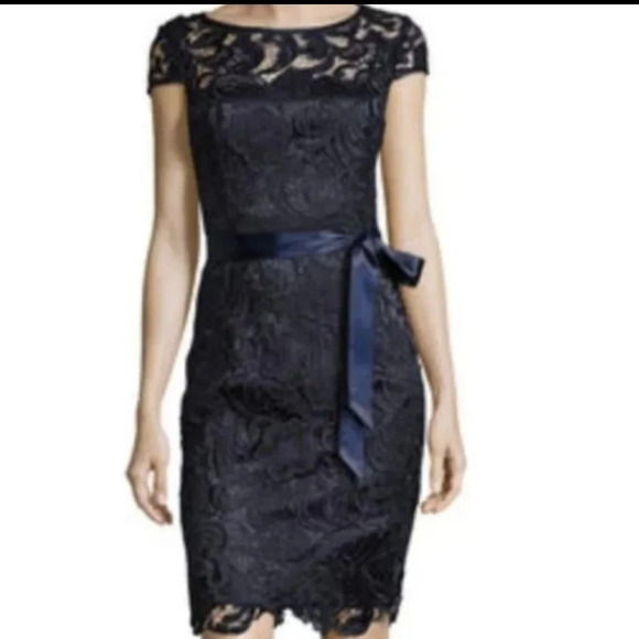 Adrianna Papell Dresses & Skirts - ADRIANNA PAPELL Illusion Cap Sleeve Floral Lace Satan Belt Tie Waist Dress sz.6